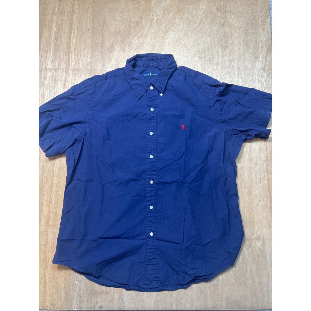 Ralph Lauren Mens XL Short Sleeve Button Down Shirt Navy Blue Red Pony Poplin